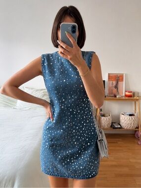 Zara Y2K Denim Mirror Dot Mini Dress Blue Cotton Sleeveless Shift Dress XS